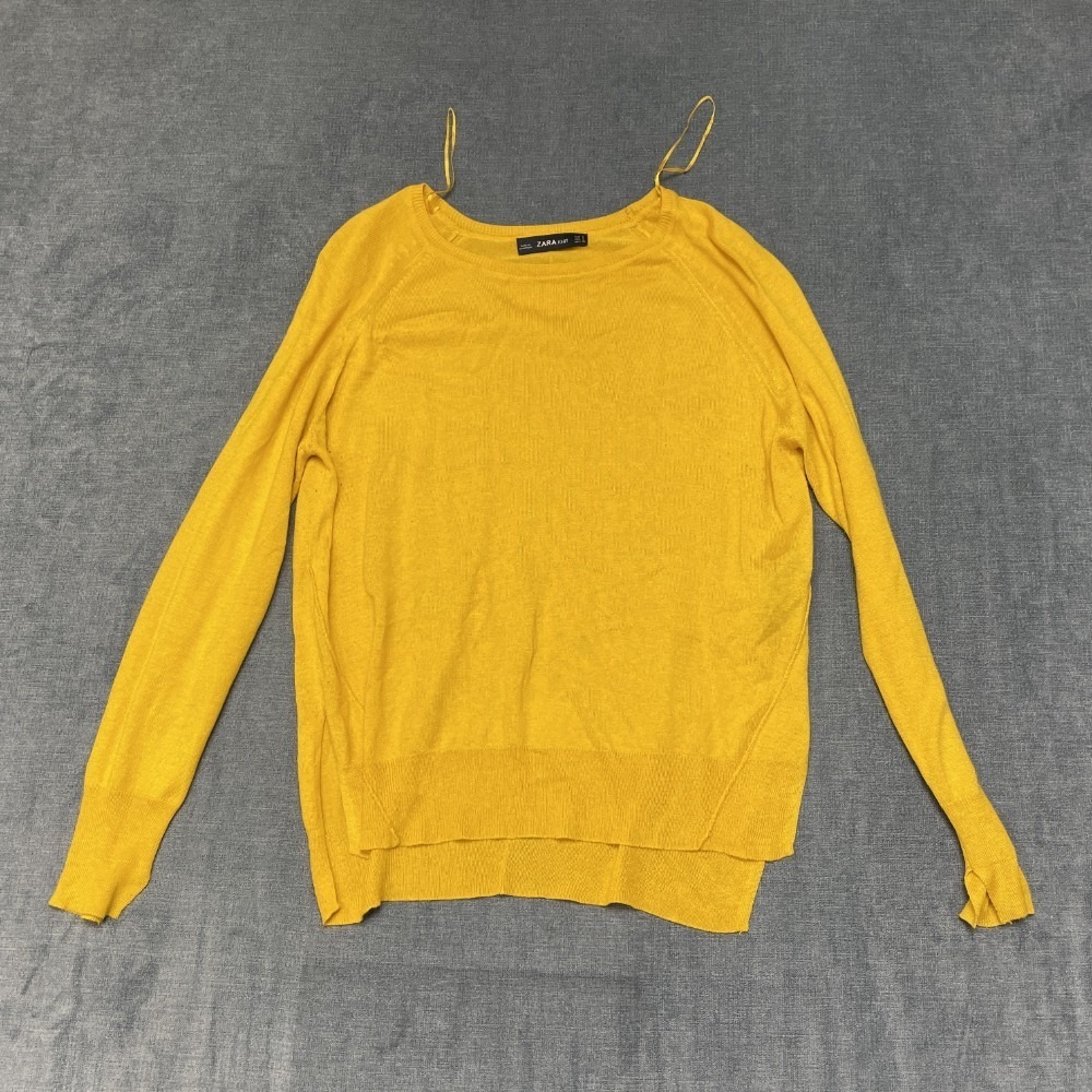 Zara Knit Sweater Womens Small Yellow Hi Lo Hem Crew Neck Raglan Sleeve Winter